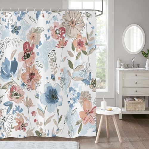 Hnmdmyi Duschvorhang Blumen 120x180, Vintage Bunte Blume Retro Ästhetisch Abstrakt Blüte Blatt Pflanze Botanisch Badewanne Vorhang Wasserdicht Polyester Stoff Waschbar Badevorhang mit Haken von Hnmdmyi