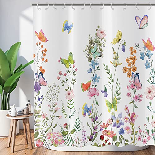 Hnmdmyi Duschvorhang Blumen 180x200, Bunte Blumen Grünes Blätter Duschvorhänge Aquarell Wildblume Pflanze Botanisch Badewanne Vorhang Wasserdicht Polyester Stoff Waschbar Badevorhang mit Haken von Hnmdmyi