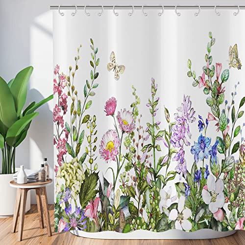 Hnmdmyi Duschvorhang Blumen 180x200, Bunte Blumen Grünes Blätter Duschvorhänge Aquarell Wildblume Pflanze Botanisch Badewanne Vorhang Wasserdicht Polyester Stoff Waschbar Badevorhang mit Haken von Hnmdmyi