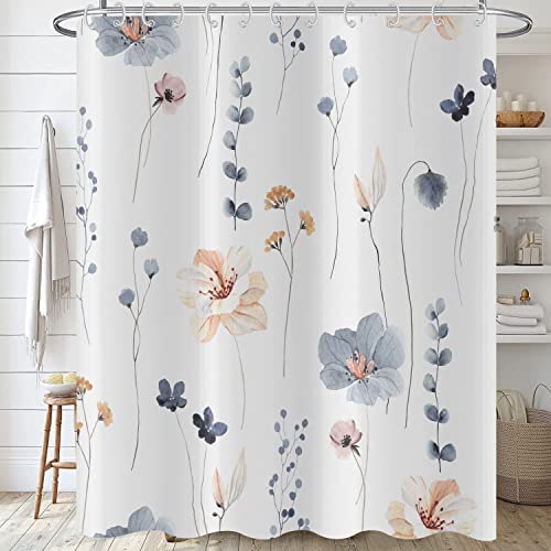 Hnmdmyi Duschvorhang Blumen 180x240, Blau Beige Aquarell Blumen Duschvorhänge Modern Minimalistisch Weiß Badewanne Vorhang Wasserdicht Polyester Stoff Waschbar Badevorhang für Badezimmer mit Haken von Hnmdmyi