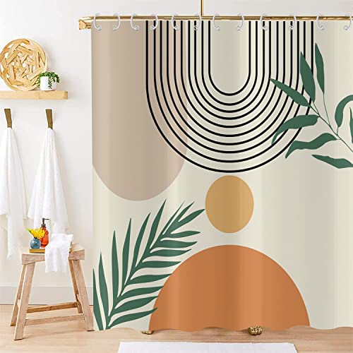 Hnmdmyi Duschvorhang Boho 120x180, Mid Century Abstrakt Blatt Bogen Sonne Beige Duschvorhänge Modern Minimalistisch Ästhetisch Kunst Badewanne Vorhang Wasserdicht Polyester Stoff Waschbar Badevorhang von Hnmdmyi