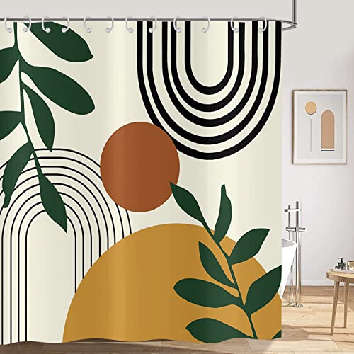 Hnmdmyi Duschvorhang Boho 120x180, Mid Century Abstrakt Bogen Sonne Grün Blätter Beige Badewanne Vorhang Modern Minimalistisch Ästhetisch Kunst Wasserdicht Polyester Stoff Waschbar Badevorhang von Hnmdmyi