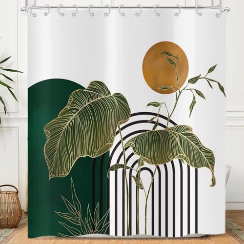 Hnmdmyi Duschvorhang Boho 120x180, Mid Century Abstrakt Grün Smaragd Blätter Geometrische Linien Modern Minimalistisch Sonne Ästhetisch Badewanne Vorhang Wasserdicht Polyester Stoff Badevorhang von Hnmdmyi