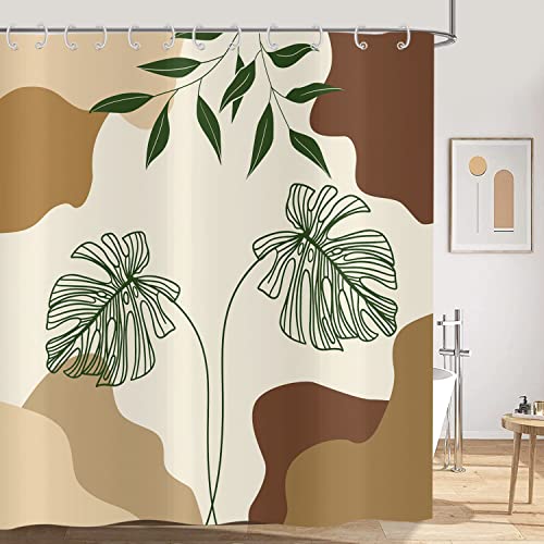 Hnmdmyi Duschvorhang Boho 150x180, Abstrakte Grüne Tropische Blätter Pflanze Beige Badewanne Vorhang Mid Century Modern Minimalistisch Geometrisch Ästhetisch Kunst Wasserdicht Stoff Badevorhang von Hnmdmyi