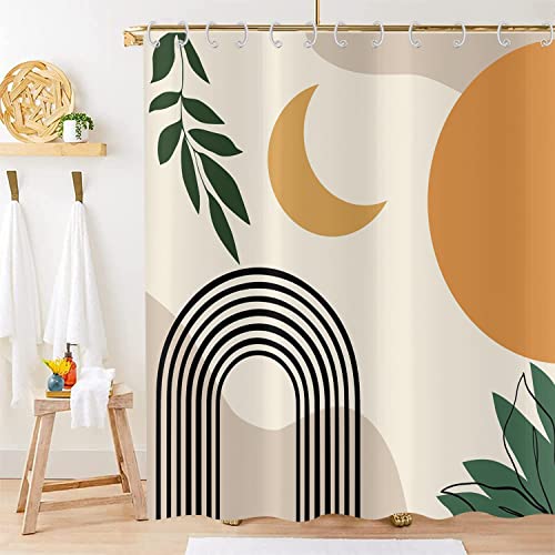 Hnmdmyi Duschvorhang Boho 150x180, Mid Century Abstrakt Blatt Bogen Sonne Mond Beige Badewanne Vorhang Modern Minimalistisch Geometrisch Ästhetisch Kunst Wasserdicht Stoff Waschbar Badevorhang von Hnmdmyi