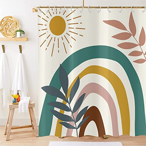 Hnmdmyi Duschvorhang Boho 150x180, Mid Century Abstraktes Blatt Sonne Regenbogen Beige Badewanne Vorhang Modern Minimalistisch Geometrisch Ästhetisch Kunst Wasserdicht Stoff Waschbar Badevorhang von Hnmdmyi