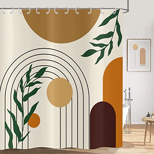 Hnmdmyi Duschvorhang Boho 165x180, Mid Century Abstrakt Grün Blätter Bogen Sonne Beige Badewanne Vorhang Modern Minimalistisch Geometrisch Ästhetisch Kunst Wasserdicht Stoff Waschbar Badevorhang von Hnmdmyi