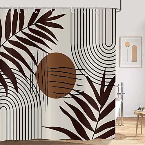 Hnmdmyi Duschvorhang Boho 180x180, Abstrakte Braune Blätter Duschvorhänge Mid Century Modern Minimalistisch Geometrisch Ästhetisch Kunst Beige Badewanne Vorhang Wasserdicht Stoff Waschbar Badevorhang von Hnmdmyi