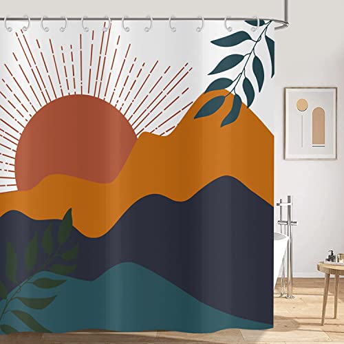 Hnmdmyi Duschvorhang Boho 180x180, Mid Century Abstrakt Berg Sonnenuntergang mit Blättern Badewanne Vorhang Modern Minimalistisch Geometrisch Ästhetisch Kunst Wasserdicht Stoff Waschbar Badevorhang von Hnmdmyi