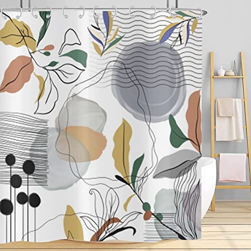 Hnmdmyi Duschvorhang Boho 180x180, Mid Century Abstrakt Grau Grün Gelb Bunte Blätter Pflanze Badewanne Vorhang Modern Minimalistisch Ästhetische Kunst Wasserdicht Polyester Stoff Waschbar Badevorhang von Hnmdmyi