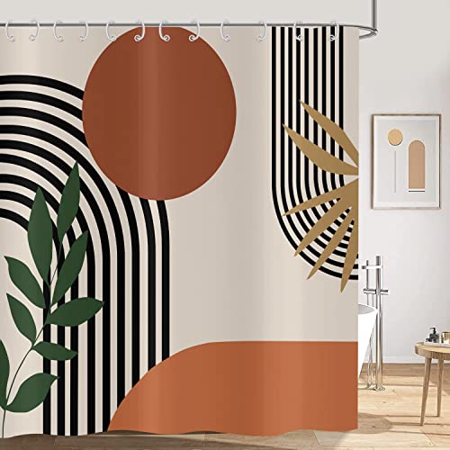 Hnmdmyi Duschvorhang Boho 180x180, Mid Century Abstrakt Grün Blatt Bogen Sonne Orange Beige Badewanne Vorhang Modern Minimalistisch Neutral Kunst Wasserdicht Stoff Waschbar Badevorhang mit Haken von Hnmdmyi
