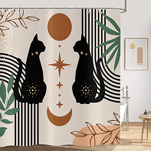Hnmdmyi Duschvorhang Boho 180x180, Mid Century Abstrakt Schwarz Katze Blatt Mond Stern Beige Badewanne Vorhang Modern Terracotta Ästhetische Kunst Wasserdicht Polyester Stoff Waschbar Badevorhang von Hnmdmyi