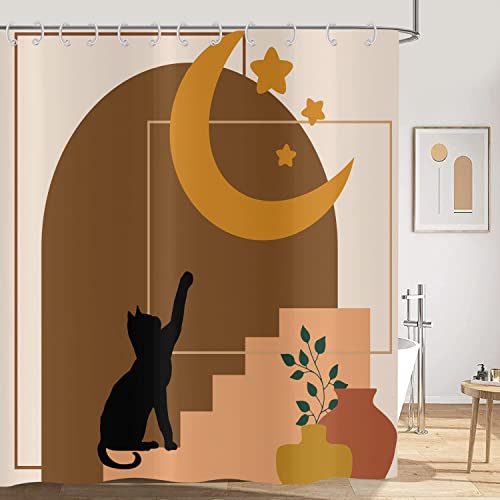 Hnmdmyi Duschvorhang Boho 180x180, Mid Century Abstrakte Schwarze Katze Mond Sterne Terrakotta Pflanze Badewanne Vorhang Modern Minimalistisch Geometrisch Ästhetisch Kunst Badevorhang mit Haken von Hnmdmyi