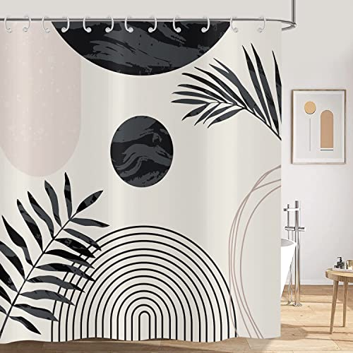 Hnmdmyi Duschvorhang Boho 180x180, Mid Century Schwarz und Weiß Badewanne Vorhang Abstrakt Blatt Bogen Sonne Modern Minimalistisch Geometrisch Kunst Wasserdicht Polyester Stoff Waschbar Badevorhang von Hnmdmyi