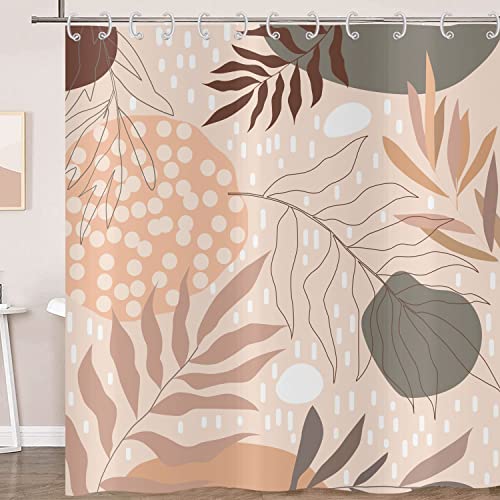 Hnmdmyi Duschvorhang Boho 180x200, Abstrakte Blätter Pflanze Beige Badewanne Vorhang Mid Century Modern Geometrisch Minimalistisch Ästhetisch Kunst Wasserdicht Polyester Stoff Waschbar Badevorhang von Hnmdmyi