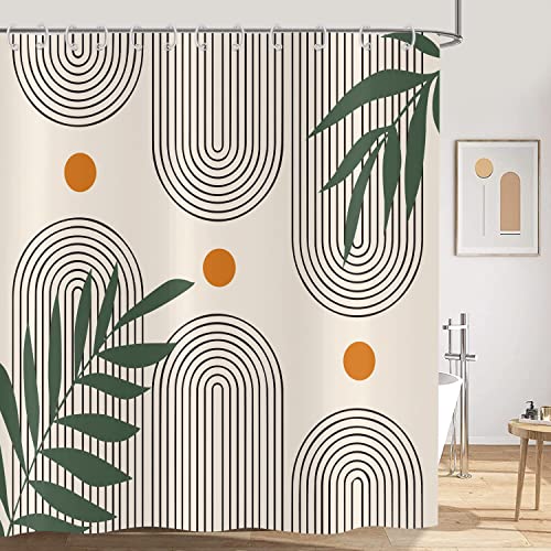 Hnmdmyi Duschvorhang Boho 180x200, Mid Century Abstrakt Grün Blätter Bogen Sonne Badewanne Vorhang Modern Minimalistisch Geometrisch Ästhetisch Kunst Wasserdicht Polyester Stoff Waschbar Badevorhang von Hnmdmyi