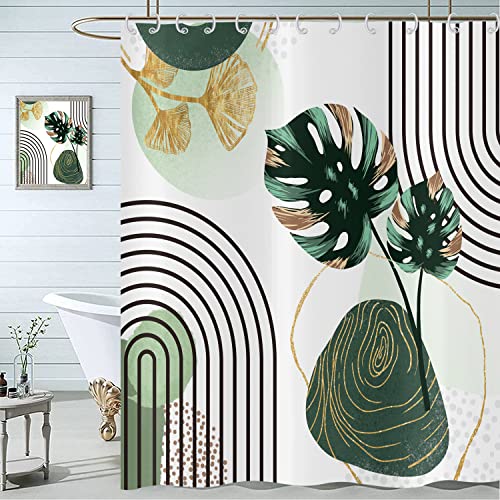Hnmdmyi Duschvorhang Boho 180x200, Mid Century Abstrakt Grün Tropische Blätter Badewanne Vorhang Modern Geometrisch Minimalistisch Ästhetisch Kunst Wasserdicht Polyester Stoff Waschbar Badevorhang von Hnmdmyi