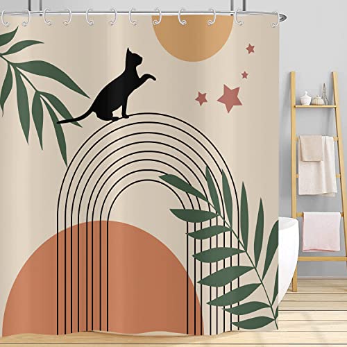 Hnmdmyi Duschvorhang Boho 180x200, Mid Century Abstrakt Schwarz Katze Grün Blatt Bogen Sonne Mond Beige Badewanne Vorhang Modern Minimalistisch Geometrisch Ästhetisch Kunst Badevorhang mit Haken von Hnmdmyi