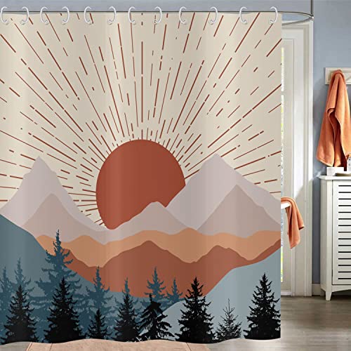 Hnmdmyi Duschvorhang Boho 180x200, Mid Century Abstraktes Gebirge Sonnenuntergang Nebliger Wald Badewanne Vorhang Modern Minimalistisch Geometrisch Kunst Wasserdicht Stoff Waschbar Badevorhang von Hnmdmyi