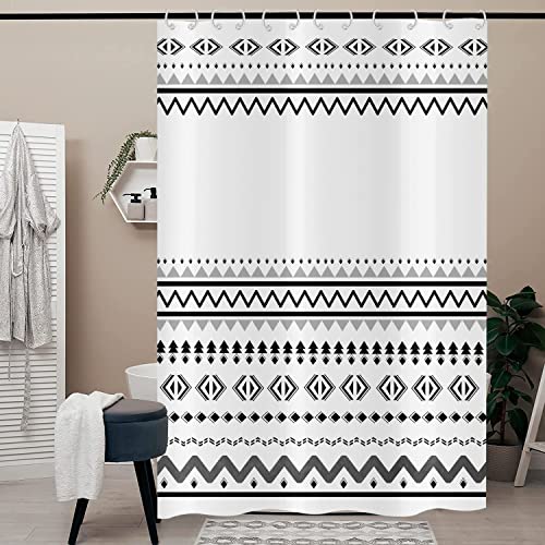 Hnmdmyi Duschvorhang Boho 180x200, Schwarz und Weiß Duschvorhänge Bauernhaus Geometrisch Tribal Bohemain Badewanne Vorhang Wasserdicht Polyester Stoff Waschbar Badevorhang für Badezimmer mit Haken von Hnmdmyi