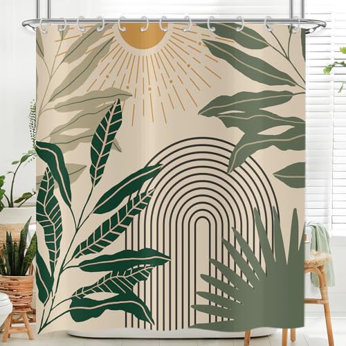 Hnmdmyi Duschvorhang Boho 180x220, Mid Century Abstrakt Grüne Blätter Modern Sonne Minimalistisch Ästhetisch Geometrisch Badewanne Vorhang Wasserdicht Polyester Stoff Waschbar Badevorhang mit Haken von Hnmdmyi