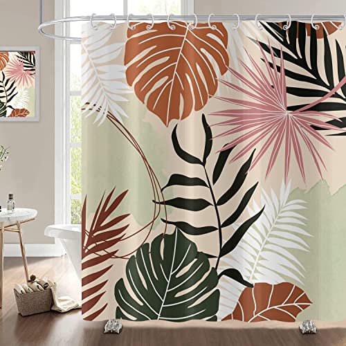 Hnmdmyi Duschvorhang Boho 180x240, Abstrakte Tropische Blätter Pflanze Bunte Badewanne Vorhang Mid Century Modern Minimalistisch Ästhetische Kunst Wasserdicht Polyester Stoff Waschbar Badevorhang von Hnmdmyi