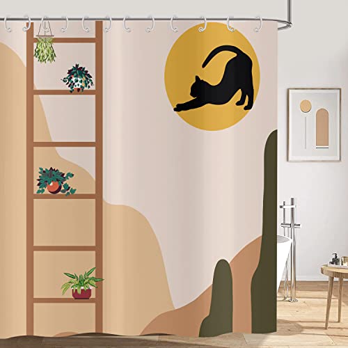 Hnmdmyi Duschvorhang Boho 180x240, Mid Century Abstrakt Schwarze Katze Sonne Sukkulente Topfpflanze Badewanne Vorhang Modern Minimalistisch Geometrisch Ästhetisch Kunst Wasserdicht Stoff Badevorhang von Hnmdmyi