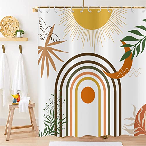 Hnmdmyi Duschvorhang Boho 180x240, Mid Century Abstrakte Blätter Bogen Sonne Mond Weiß Badewanne Vorhang Modern Minimalistisch Geometrisch Ästhetisch Kunst Wasserdicht Stoff Waschbar Badevorhang von Hnmdmyi