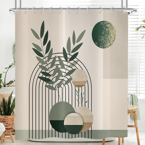 Hnmdmyi Duschvorhang Boho 200x180, Mid Century Abstrakt Grün Blätter Bogen Sonne Modern Geometrisch Minimalistisch Ästhetisch Kunst Badewanne Vorhang Wasserdicht Polyester Stoff Waschbar Badevorhang von Hnmdmyi