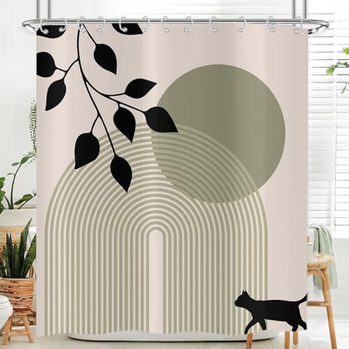 Hnmdmyi Duschvorhang Boho 240x180, Mid Century Abstrakte Blätter Schwarze Katze Salbei Grün Bogen Sonne Moderne Geometrische Minimalistische Ästhetische Kunst Wasserdicht Stoff Badewanne Vorhang von Hnmdmyi