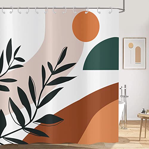 Hnmdmyi Duschvorhang Boho 240x180, Mid Century Abstrakte Eukalyptus Blätter Sonne Terracotta Badewanne Vorhang Moderne Ästhetische Minimalistische Kunst Wasserdicht Stoff Waschbar Badevorhang von Hnmdmyi