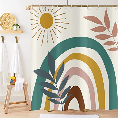 Hnmdmyi Duschvorhang Boho 240x180, Mid Century Abstraktes Blatt Sonne Regenbogen Beige Badewanne Vorhang Modern Minimalistisch Geometrisch Ästhetisch Kunst Wasserdicht Stoff Waschbar Badevorhang von Hnmdmyi
