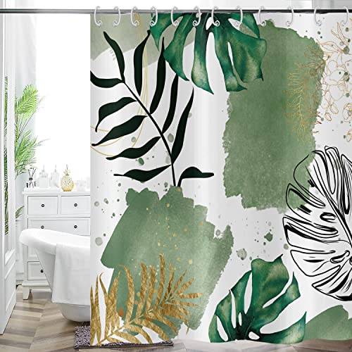 Hnmdmyi Duschvorhang Boho 90x180, Abstrakte Grüne Tropische Blätter Badewanne Vorhang Mid Century Modern Geometrisch Minimalistisch Ästhetisch Kunst Wasserdicht Polyester Stoff Waschbar Badevorhang von Hnmdmyi