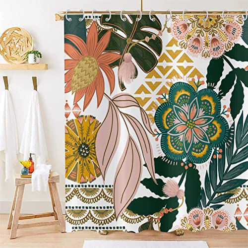 Hnmdmyi Duschvorhang Boho Blumen 120x180, Abstrakte Böhmische Blumen Tropische Blätter Bunte Badevorhang Mid Century Modern Ästhetische Kunst Wasserdicht Polyester Stoff Waschbar Badewanne Vorhang von Hnmdmyi