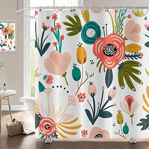 Hnmdmyi Duschvorhang Boho Blumen 120x180, Böhmische Blumen Tropische Blätter Bunte Badewanne Vorhang Abstrakt Mid Century Modern Ästhetische Kunst Wasserdicht Polyester Stoff Waschbar Badevorhang von Hnmdmyi