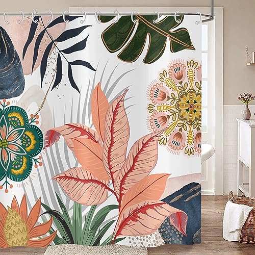 Hnmdmyi Duschvorhang Boho Blumen 180x180, Abstrakte Böhmische Blumen Tropische Blätter Bunte Badewanne Vorhang Mid Century Modern Ästhetische Kunst Wasserdicht Polyester Stoff Waschbar Badevorhang von Hnmdmyi