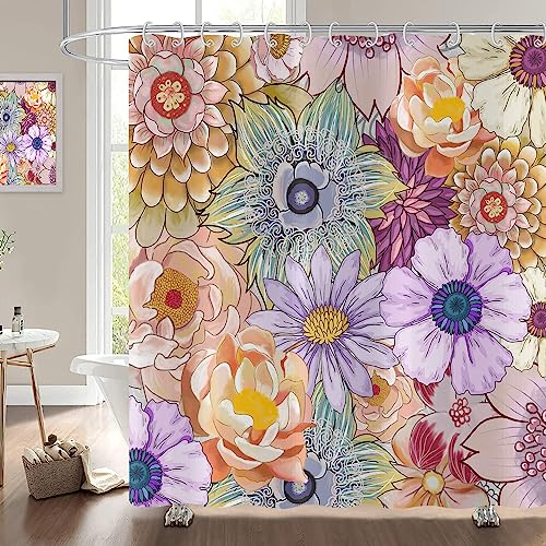 Hnmdmyi Duschvorhang Boho Blumen 180x200, Böhmische Blumen Bunte Duschvorhänge Vintage Blossom Ästhetische Kunst Badewanne Vorhang Wasserdicht Stoff Waschbar Badevorhang für Badezimmer mit Haken von Hnmdmyi