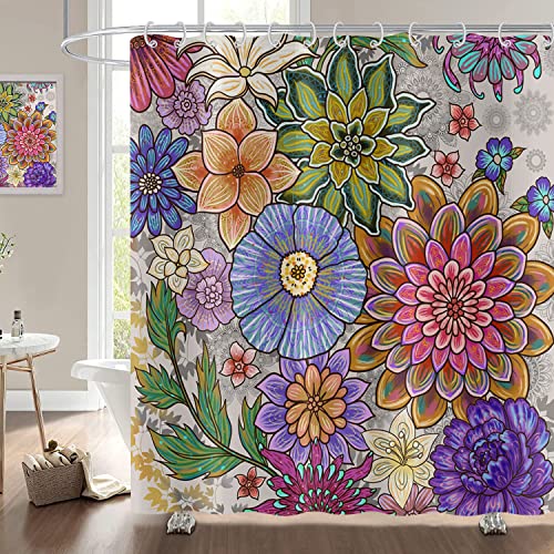 Hnmdmyi Duschvorhang Boho Blumen 240x180, Böhmische Blumen Bunte Duschvorhänge Vintage Blossom Ästhetische Kunst Badewanne Vorhang Wasserdicht Stoff Waschbar Badevorhang für Badezimmer mit Haken von Hnmdmyi