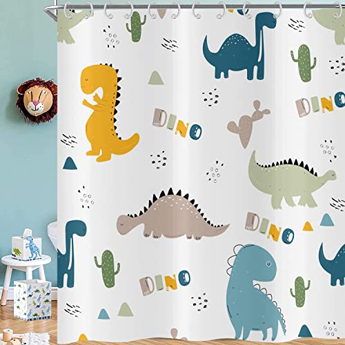 Hnmdmyi Duschvorhang Cartoon Dinosaurier 180x200, Bunte Lustige Tier Graffiti Niedliche Dino Kinder Badewanne Vorhang Wasserdicht Polyester Stoff Waschbar Badevorhang für Badezimmer mit Haken von Hnmdmyi