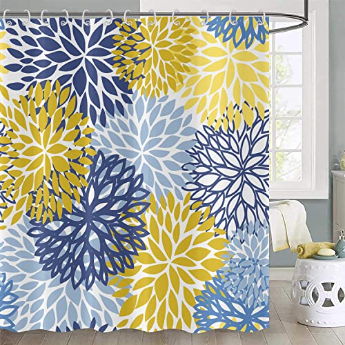 Hnmdmyi Duschvorhang Dahlia Pinnata Blumen 180x200, Blau Gelb Floral Duschvorhänge Abstrakt Modern Chic Einfach Kunst Badewanne Vorhang Wasserdicht Polyester Stoff Waschbar Badevorhang mit Haken von Hnmdmyi