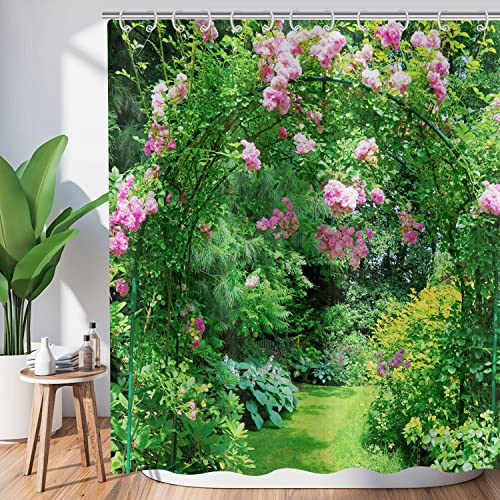 Hnmdmyi Duschvorhang Garten 180x240, 3D Blumen Duschvorhänge Grünes Blätter Rosa Blume Italienischer Garten Landschaft Natürlich Badewanne Vorhang Wasserdicht Polyester Stoff Waschbar Badevorhang von Hnmdmyi