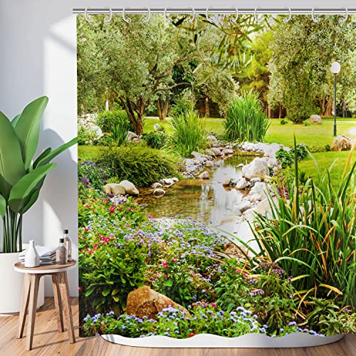 Hnmdmyi Duschvorhang Garten 180x240, Grüne Duschvorhänge 3D Outdoor Szenerie Bild Natur Grünes Blätter Blumen Waldland Badewanne Vorhang Wasserdicht Polyester Stoff Waschbar Badevorhang mit Haken von Hnmdmyi