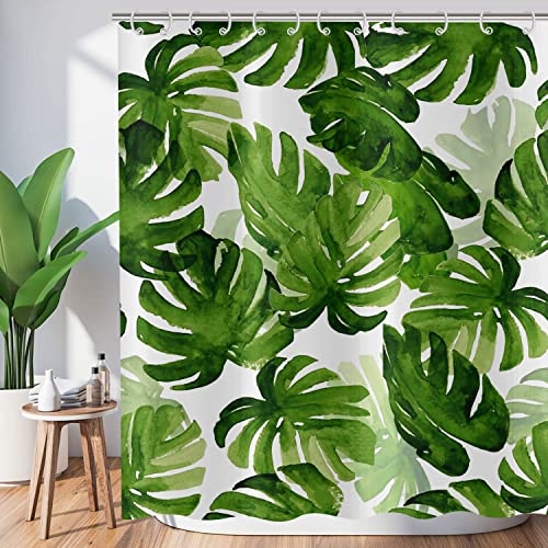 Hnmdmyi Duschvorhang Grüne Blätter 120x180, Tropische Palmenblätter Duschvorhänge Dschungel Pflanze Botanisch Badewanne Vorhang Wasserdicht Polyester Stoff Waschbar Badevorhang mit Haken von Hnmdmyi