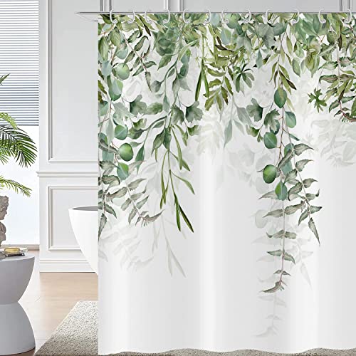 Hnmdmyi Duschvorhang Grüne Blätter 150x180, Eukalyptus Blatt Duschvorhänge Aquarell Pflanze Botanisch Natur Badewanne Vorhang Wasserdicht Polyester Stoff Waschbar Badevorhang für Badezimmer mit Haken von Hnmdmyi