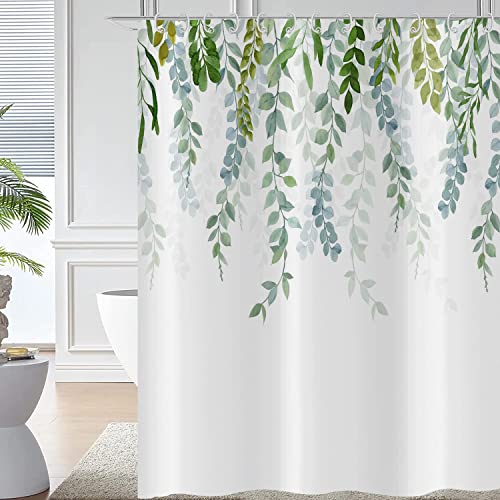 Hnmdmyi Duschvorhang Grüne Blätter 180x200, Eukalyptus Blatt Duschvorhänge Aquarell Pflanze Botanisch Natur Badewanne Vorhang Wasserdicht Polyester Stoff Waschbar Badevorhang für Badezimmer mit Haken von Hnmdmyi