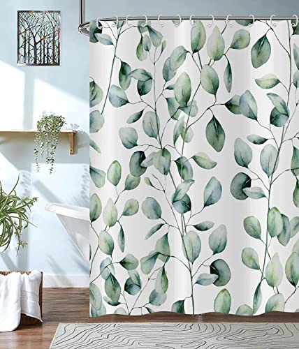 Hnmdmyi Duschvorhang Grüne Blätter 180x200, Salbei Grün Eukalyptus Blätter Duschvorhänge Aquarell Pflanze Botanisch Badewanne Vorhang Wasserdicht Polyester Stoff Waschbar Badevorhang mit Haken von Hnmdmyi