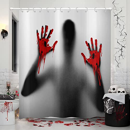 Hnmdmyi Duschvorhang Halloween 120x180, Horror Blutige Hände Duschvorhänge Gruseliges Halloween Thema Party Urlaub Badewanne Vorhang Wasserdicht Polyester Stoff Waschbar Badevorhang mit Haken von Hnmdmyi