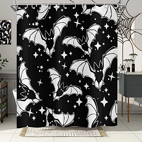 Hnmdmyi Duschvorhang Halloween 150x180, Schwarze und Weiße Fledermäuse Duschvorhänge Gothic Spooky Horror Halloween Thema Badewanne Vorhang Wasserdicht Polyester Stoff Waschbar Badevorhang mit Haken von Hnmdmyi