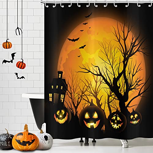 Hnmdmyi Duschvorhang Halloween 180x180, Horror Kürbis Schloss Toter Baum Fledermaus Vollmond Schwarz Orange Badewanne Vorhang Gruselig Halloween Thema Party Wasserdicht Stoff Waschbar Badevorhang von Hnmdmyi