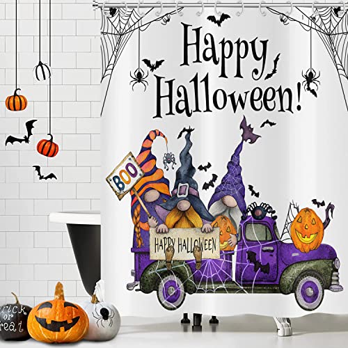 Hnmdmyi Duschvorhang Halloween 180x180, Lustiger Gnom Kürbis Fledermaus Spinnennetz LKW Bauernhof Badewanne Vorhang Halloween Thema Party Urlaub Wasserdicht Polyester Stoff Waschbar Badevorhang von Hnmdmyi